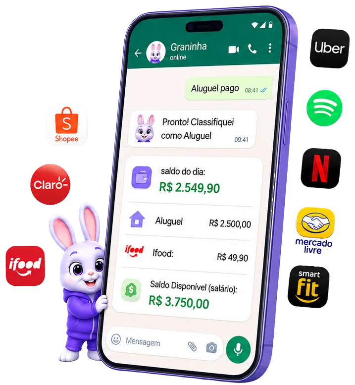 Celular mostrando o Graninha classificando gastos de iFood, aluguel e outros apps no WhatsApp
