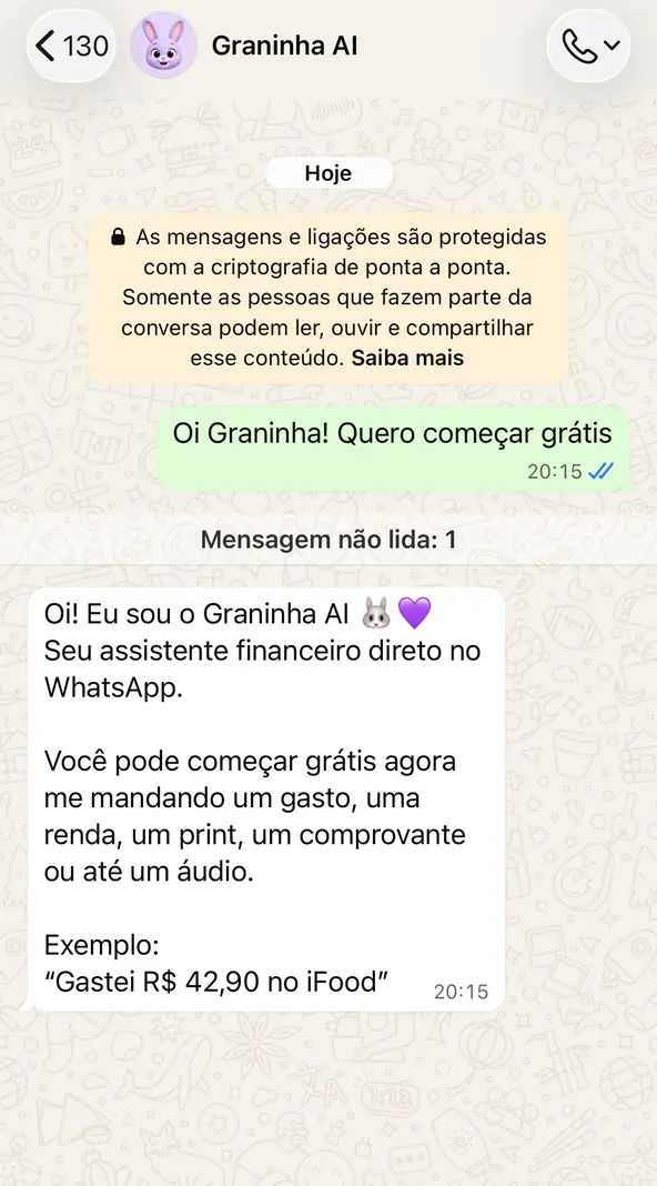 Conversa real: usuário diz “Oi Graninha! Quero começar grátis” e o Graninha AI se apresenta como assistente financeiro no WhatsApp