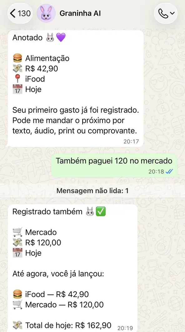 Conversa real: após dois lançamentos, o Graninha mostra iFood R$ 42,90, Mercado R$ 120,00 e total do dia R$ 162,90