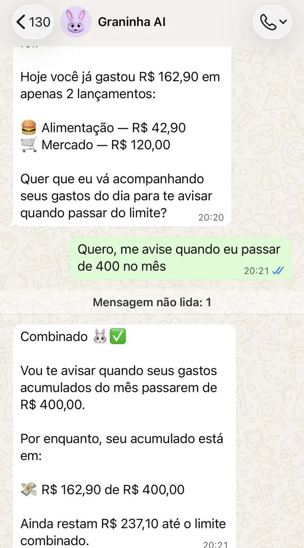 Conversa real: usuário pede aviso ao passar de R$ 400 no mês e o Graninha confirma o acompanhamento do acumulado