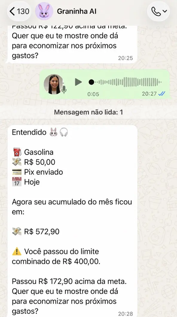 Conversa real: usuário manda áudio, o Graninha registra Gasolina R$ 50,00 e avisa que o acumulado passou do limite de R$ 400